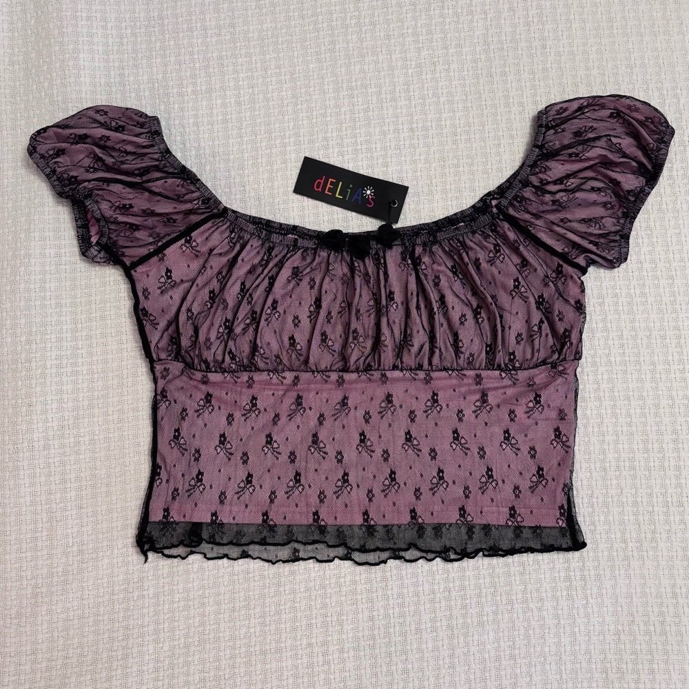 NWT Delias by Dolls Kill Black and Pink Crop Top Stretch Lace Floral size Large